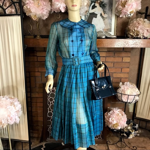Vintage Dresses & Skirts - VINTAGE 1950'S BLUE TAFFETA PLAID PARTY DRESS WITH MATCHING BELT (S)